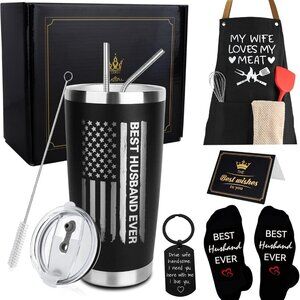 Best Ever Husband Gift Set 8PCS Includes Tumbler Straw Apron Socks Key Chain